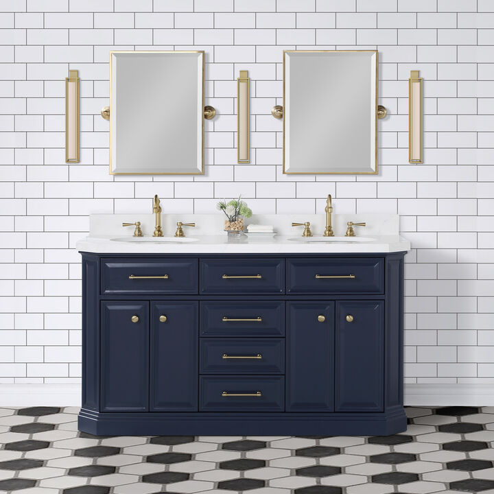 Palace 60 In. Double Sink Carrara Quartz Countertop Bath Vanity in Monarch Blue with Satin Gold Hardware