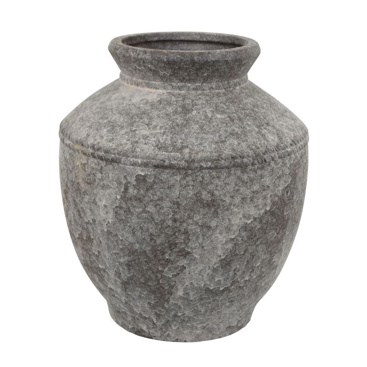 Accent Vase, Antique Brown Gray Ceramic, Modern Pot Shape, 16 Inch - Benzara