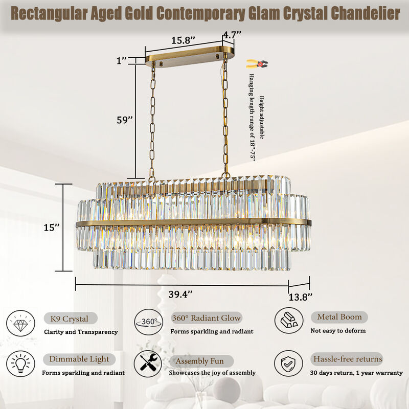 39" Two-Tier 7-Light Rectangular Aged Gold Contemporary Glam Crystal Chandelier image number 5