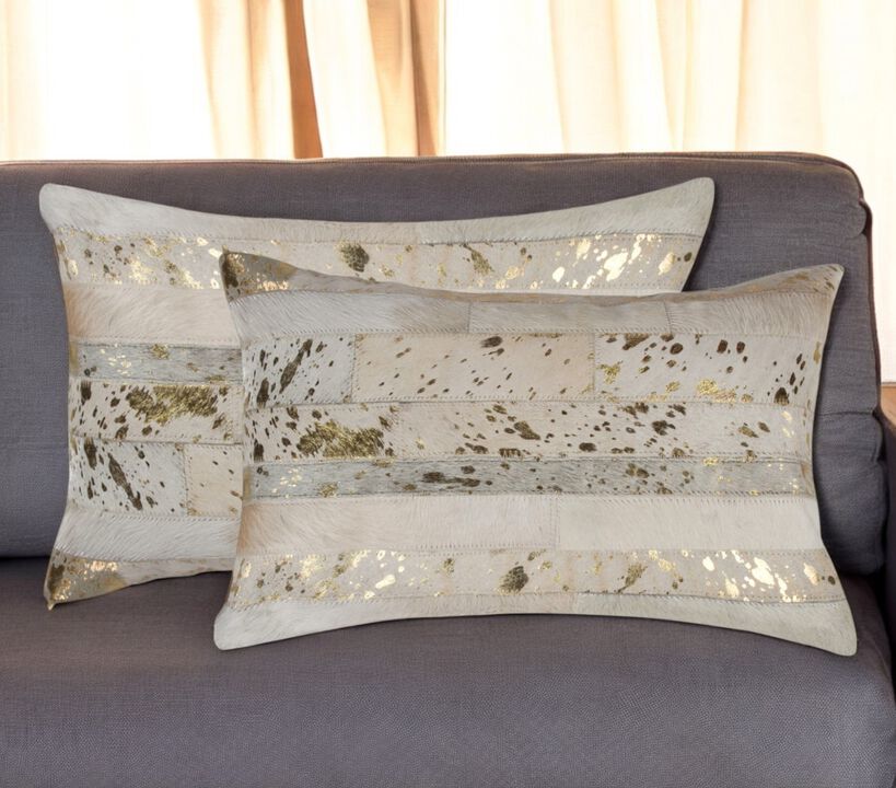 HomeRoots Set of Two 12" X 20" Natural and Gold Patchwork Cowhide Lumbar Throw Pillows with Glitter