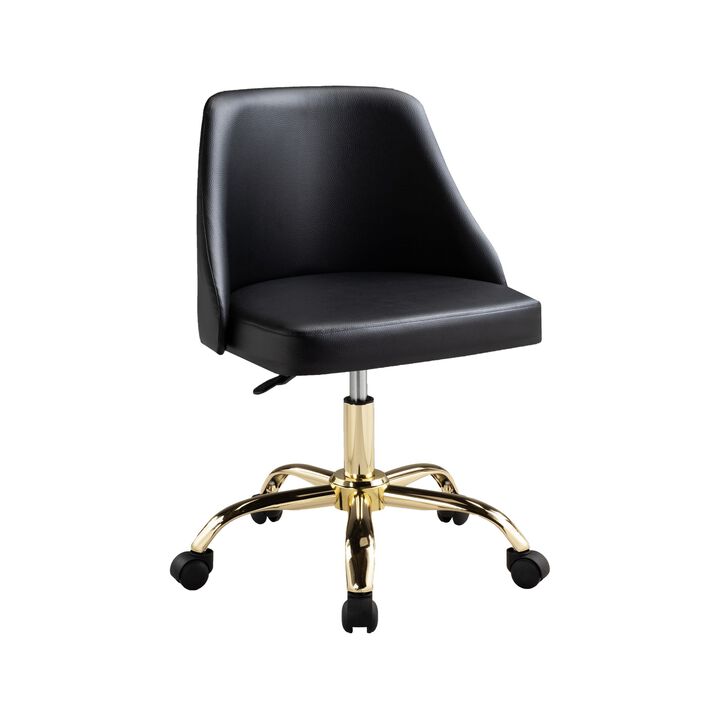 Yim 22 Inch Adjustable Swivel Office Chair, Black Faux Leather, Gold Metal - Benzara