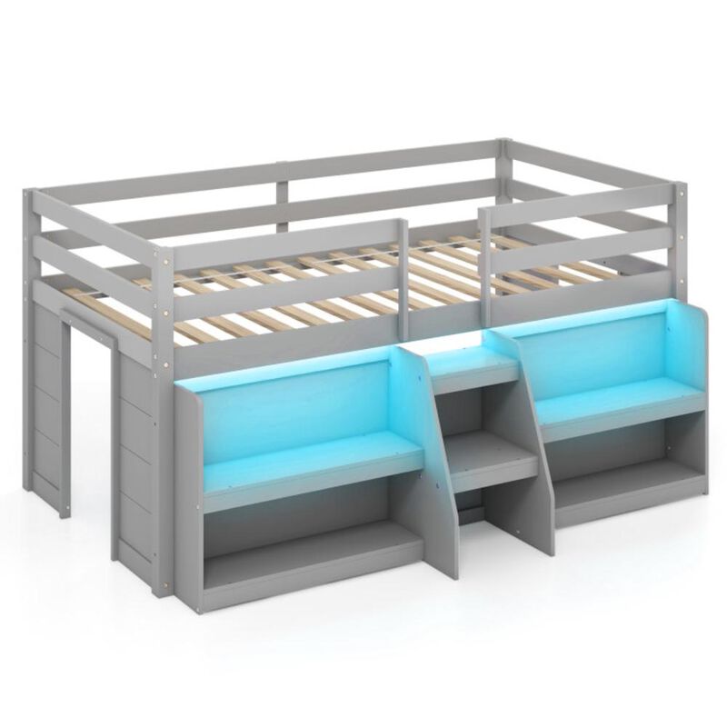 Hivvago Twin Size Loft Bed with LED Lights with Staircase and Safety Guardrail