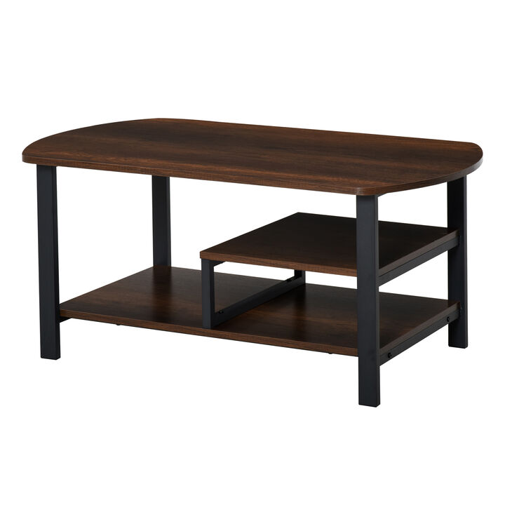 HOMCOM Vintage Industrial Coffee Table with Under-Top Storage Shelves and Rounded Corners, Dark Wood Color