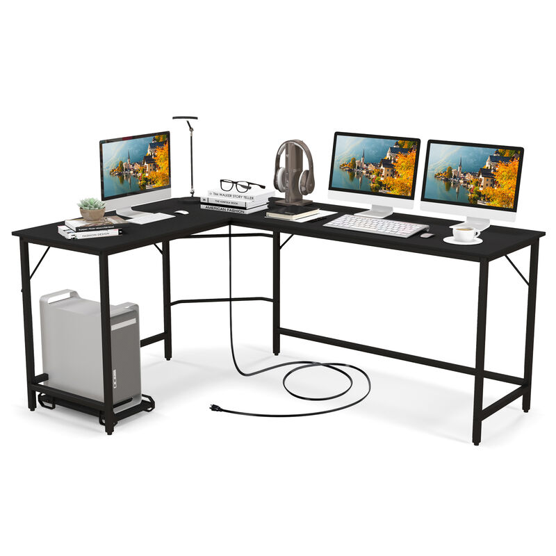 L-Shaped Computer Desk with CPU Stand Power Outlets and USB Ports