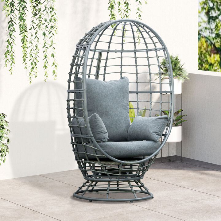Wicker Egg Chair, 360 Rotating Indoor Outdoor Boho Basket Seat with Cushion and Pillows for Backyard, Porch, Patio, Garden, Handwoven All-Weather PE Rattan, Steel Frame, Gray