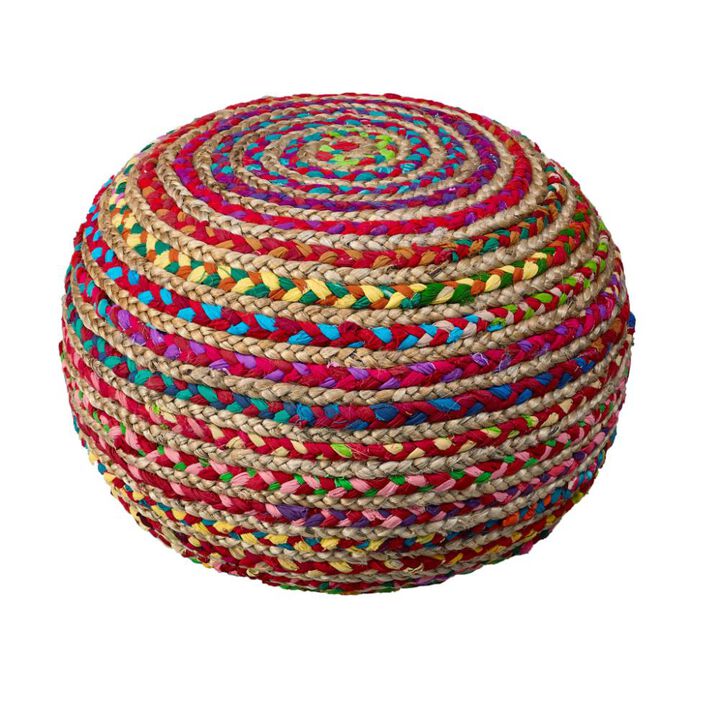 Hivvago 20 Inch Rainbow Cotton Blend Round Striped Pouf Ottoman