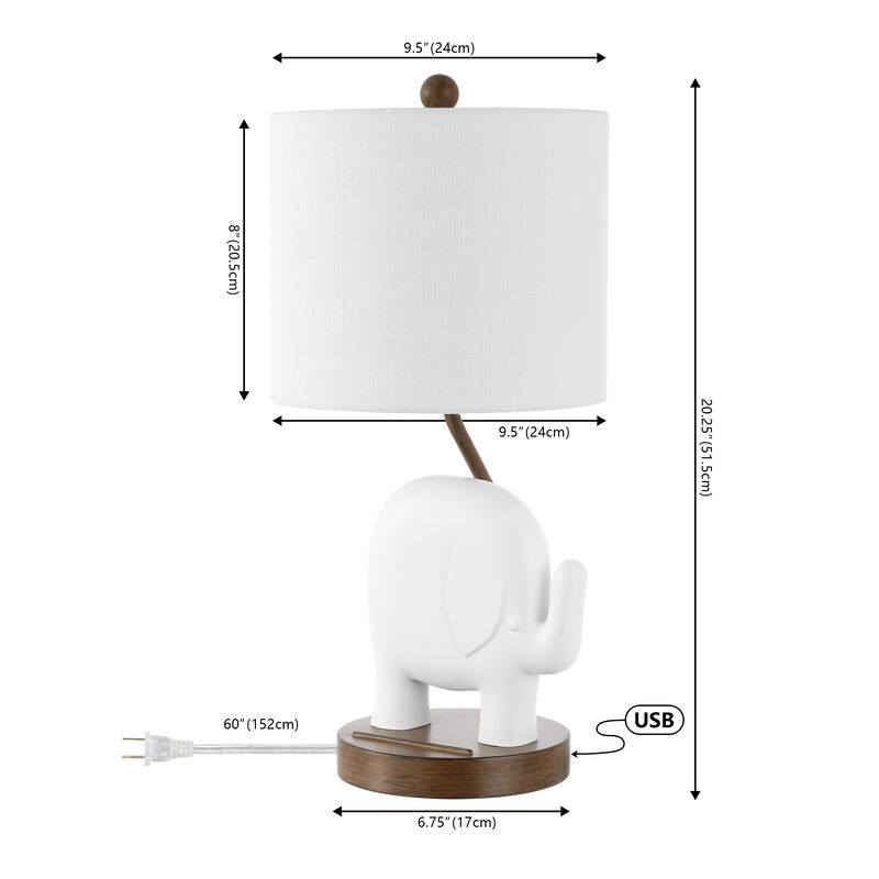 Ellie Bohemian Designer Iron/Resin Elephant LED Kids' Table Lamp with Phone Stand and USB Charging Port