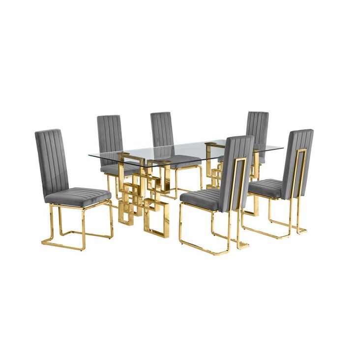 7-piece glam dining set with 6 dark grey chairs and one 79" glass  table