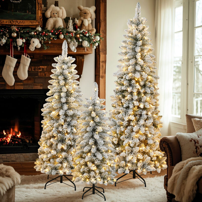 Whisen 3 Pcs Flocked Artificial Christmas Tree Set with Lights, 4ft 5ft 6ft Christmas Snow Tree Set image number 3