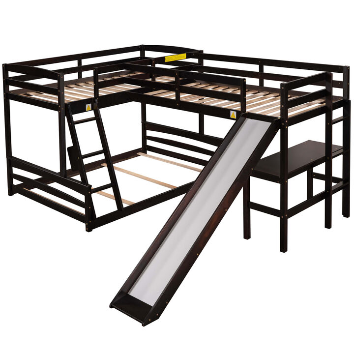 Twin over Full Bunk Bed with Twin Size Loft Bed with Desk and Slide, Full-Length Guardrail, Espresso