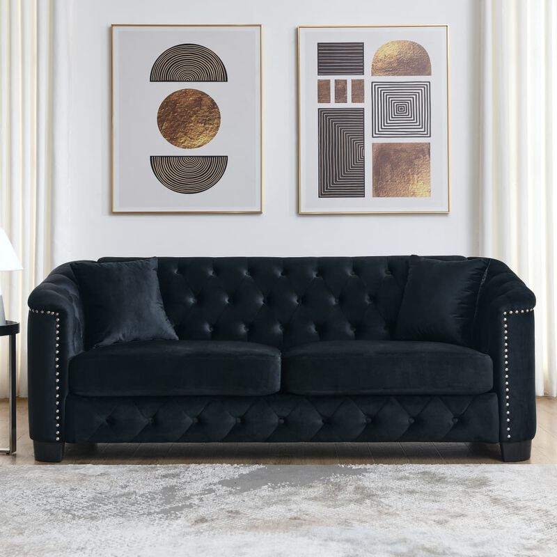 77 Inch Velvet Chesterfield Sofa, Button Tufted 3 Seater Sofa with Rolled Arms and Nailhead Trim, Upholstered Sofa with 2 Pillows image number 1