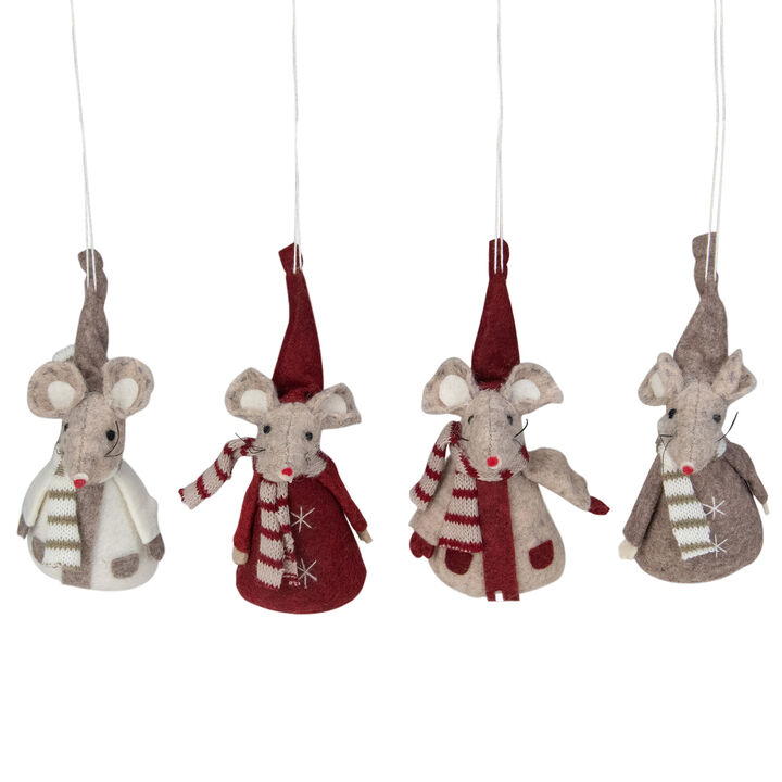 Set of 4 Red and Gray Standing Mice Christmas Ornaments 5.5"