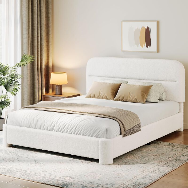 Vipbear Upholstered Boucle Platform Bed Frame with Adjustable Wide Headboard, Wooden Slats, White image number 2