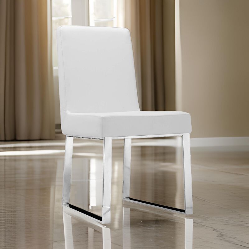 Ien 25 Inch Dining Chair Set of 2, Armless, White Faux Leather, Chrome - Benzara