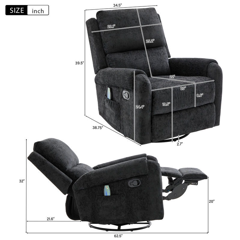 Merax Manual Swivel Rocker Massage Recliner Chair with Chenille Upholstery image number 4
