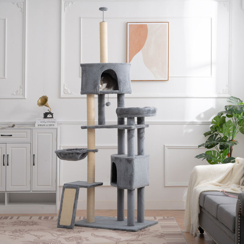 Cat Tree, 78-Inch Cat Tower for Indoor Cats, Plush Multi-Level Cat Condo with 1 Perches, 2 Caves, Cozy Basket and Scratching Board, Beige