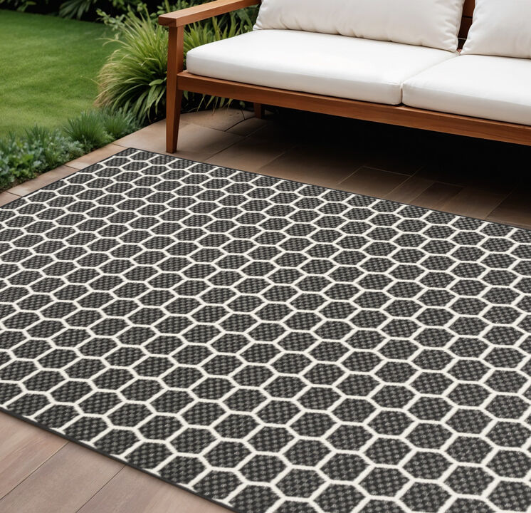 HomeRoots 9' X 12' Black And Ivory Geometric Indoor Outdoor Area Rug