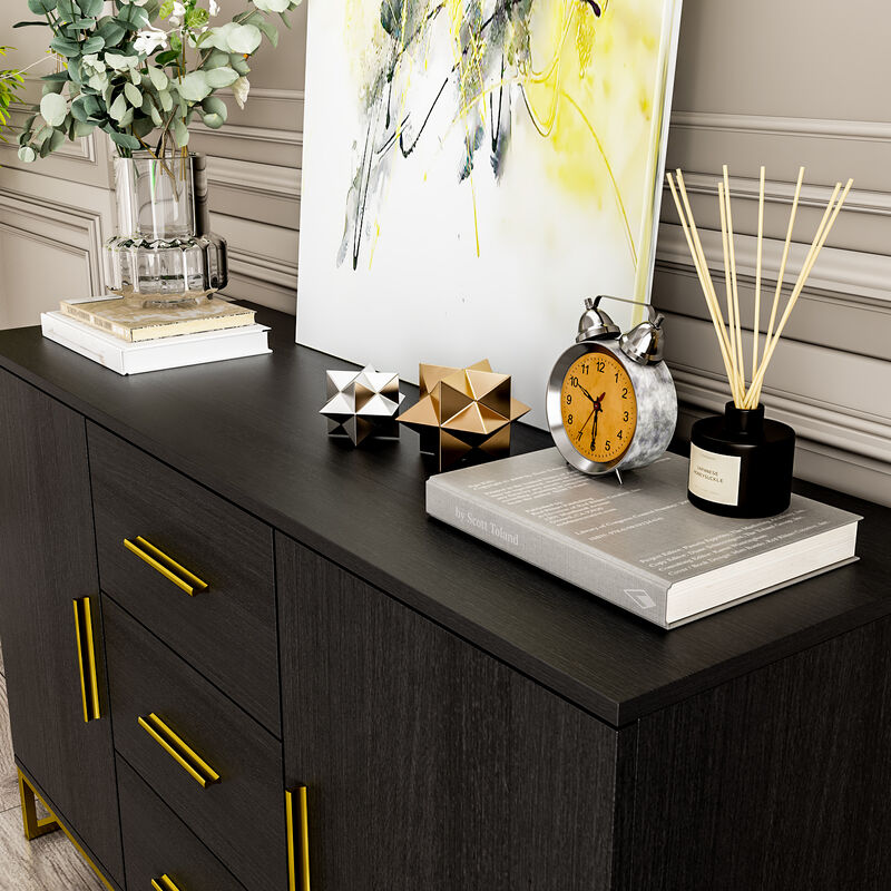 Black Storage Accent Cabinets with 3-Drawers and 2-Cabinets, Metal Legs Cupboard Floor-Standing Sideboard