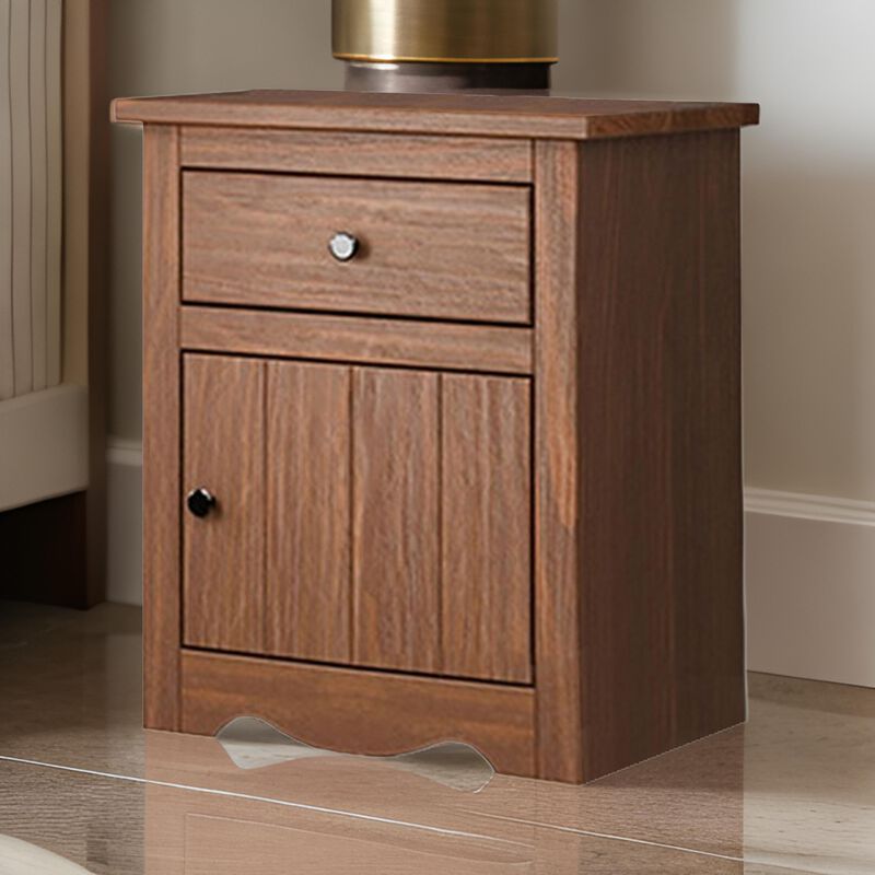 Stav Nightstand, 1 Drawer and Door, 25 Inch, Plank Style, Brown Solid Wood - Benzara