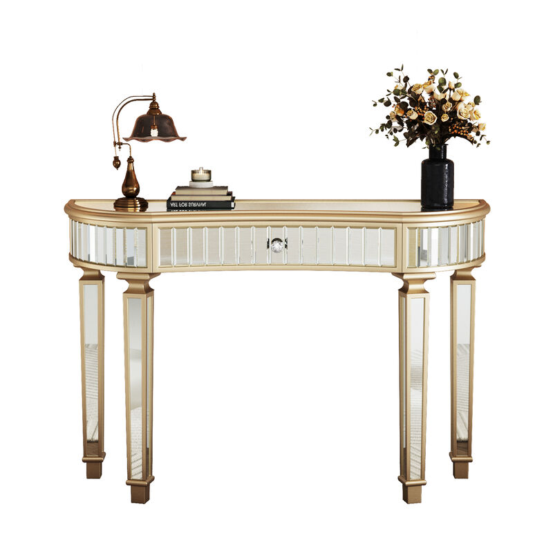 Merax Half-Moon Mirrored Console Table - Fluted Glass & Crystal Knob Drawer