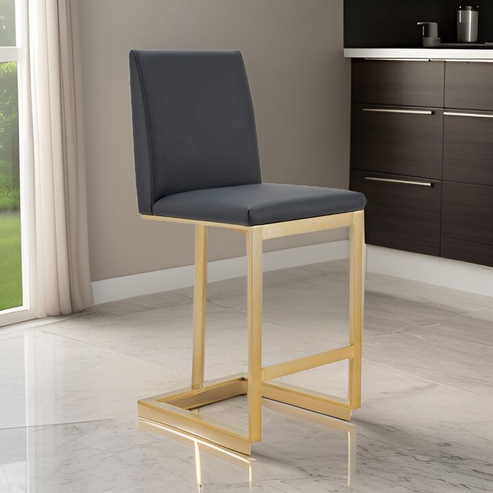 Cid Anki Counter Stool Chair, Dark Gray Faux Leather, Brass Stainless Steel - Benzara