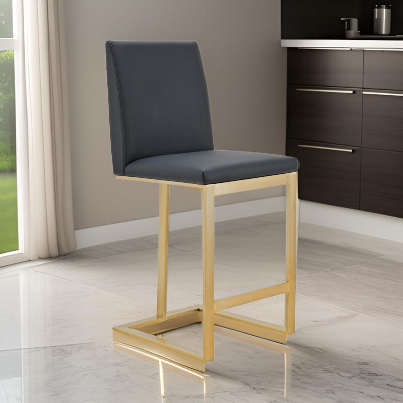 Cid Anki Counter Stool Chair, Dark Gray Faux Leather, Brass Stainless Steel - Benzara image number 1