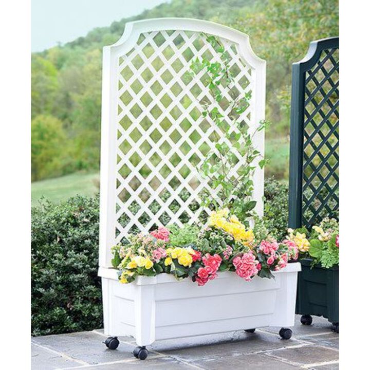 QuikFurn Mobile Planter Box with Trellis in White Plastic with Lockable Wheels