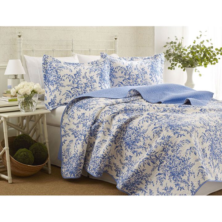 QuikFurn King size 100-Percent Cotton Quilt Bedspread Set with Blue White Floral Leaves Pattern