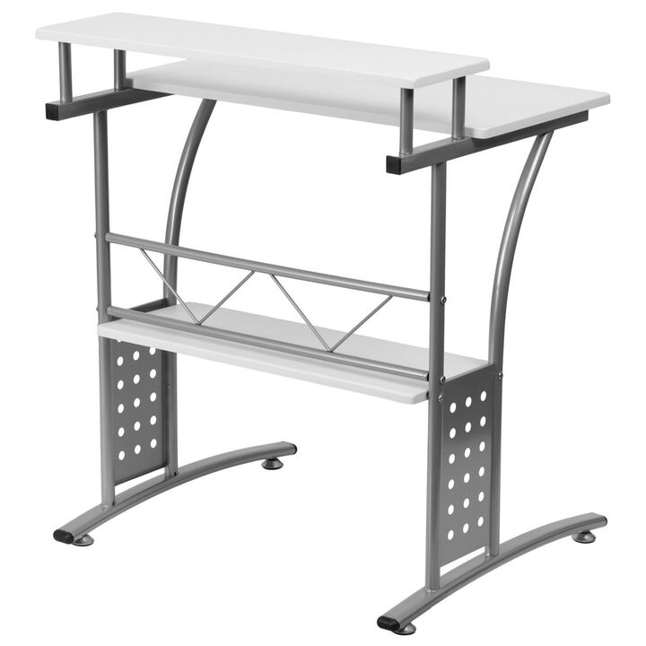 Hivvago Modern Metal Frame Computer Desk with White Laminate Top and Raised Shelf