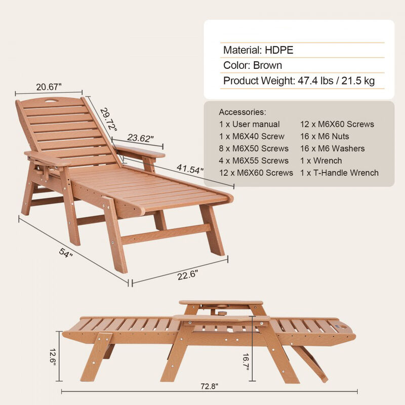Outdoor Chaise Lounge Chair, 6-Position Adjustable HDPE Recliner with Cup Holder image number 2