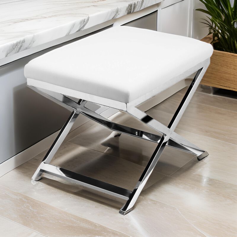 Sovi 20 Inch Accent Stool Ottoman, X Steel Legs, White Faux Leather - Benzara