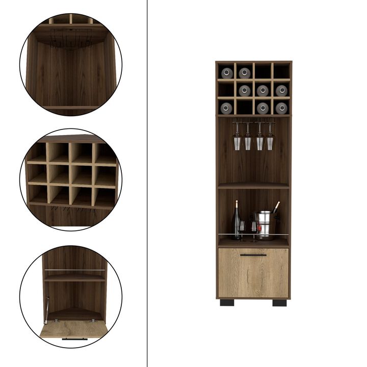 DEPOT E-SHOP Norway Corner Bar Cabinet, Eight Built-in Wine Rack, Two Side Shelves, Mahagony / Macadamia