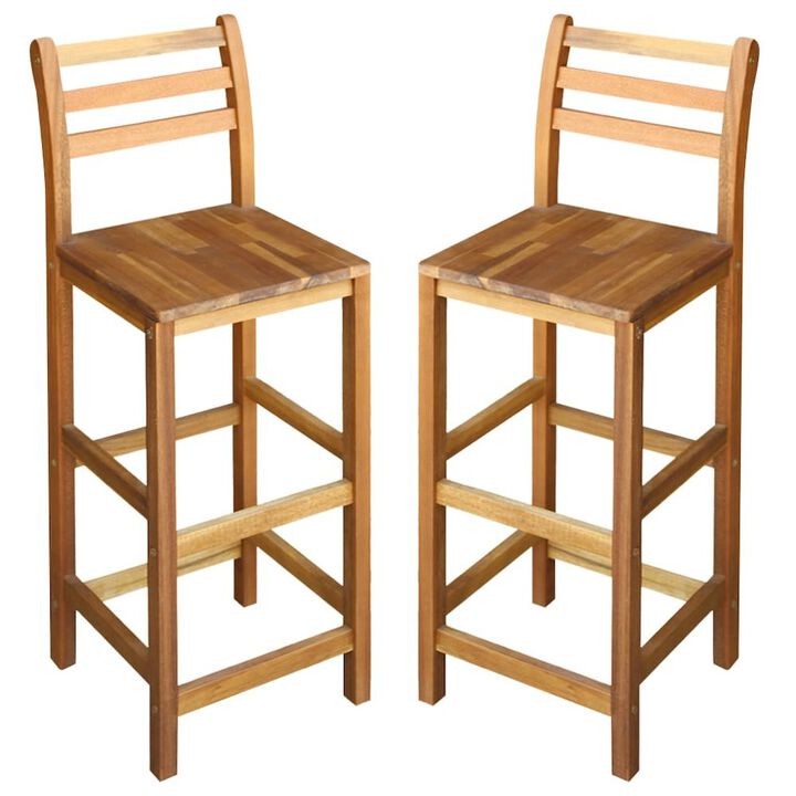 Bar Chair Set of 2 Natural Wood Solid Acacia Wood Large