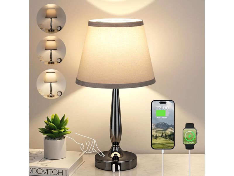 Touch Table Lamp with USB C and 3 Way Dimmer for Bedroom