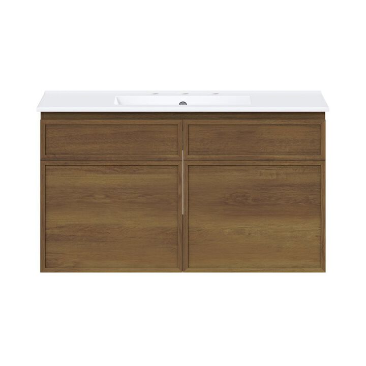36" Wall-Mounted Bathroom Vanity in Brown Oak with 3-Hole Widespread Sink Top