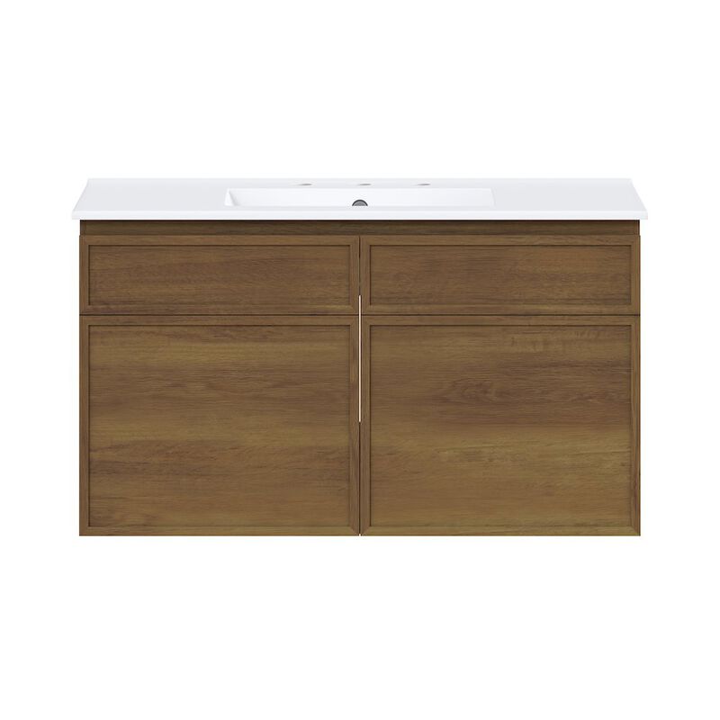 36" Wall-Mounted Bathroom Vanity in Brown Oak with 3-Hole Widespread Sink Top image number 0