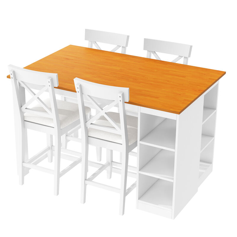 Merax Solid Wood Farmhouse Counter Height Dining Table Set with 3-Tier Storage Shelves