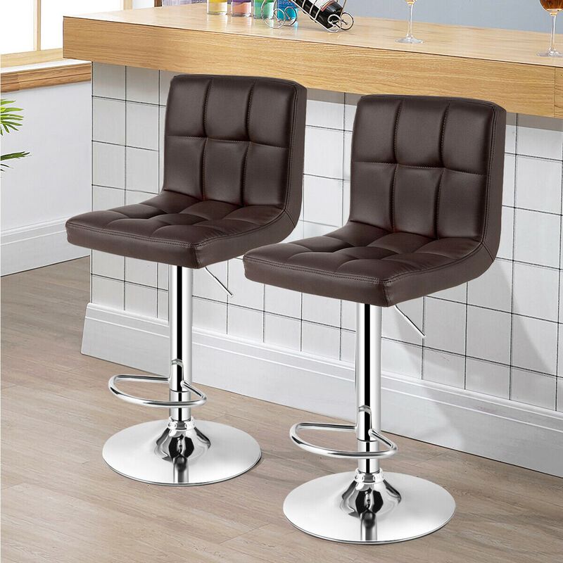 Set of 2 Square Swivel Adjustable PU Leather Bar Stools with Back and Footrest