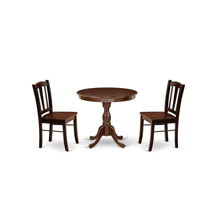 AMDL3-MAH-W - 3-Pc Dining Room Table Set- 2 Modern Dining Chairs and Wooden Dining Room Table - Wooden Seat and Slatted Chair Back - Mahogany Finish