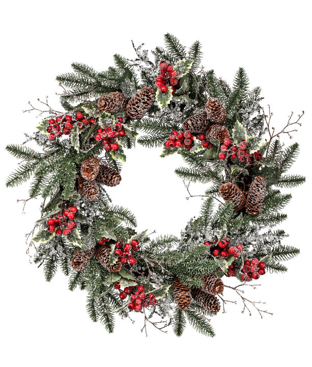 Frosted Sequin Berries and Hollies Artificial Christmas Wreath  24-Inch  Unlit