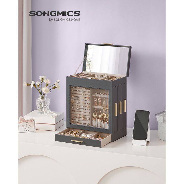 Elegant 5-Layer Jewelry Box with Glass Window, Vertical Storage Space, and Large Mirror