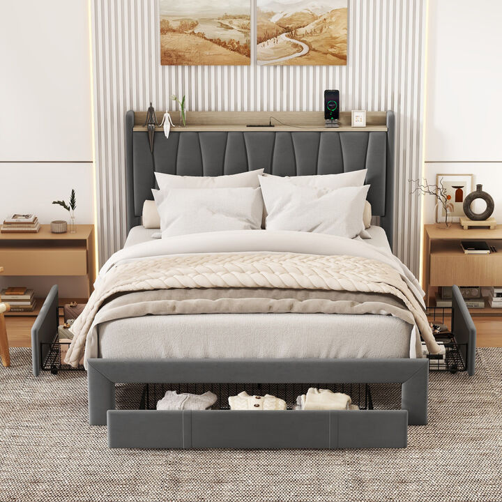 Queen Size Bed Frame with Storage Headboard and Charging Station, Upholstered Platform Bed with 3 Drawers, No Box Spring Needed, Dark Gray