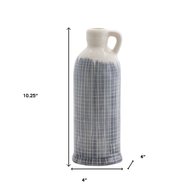 HomeRoots Set of Three Off White And Blue Clay Checkered Jug Vases image number 6
