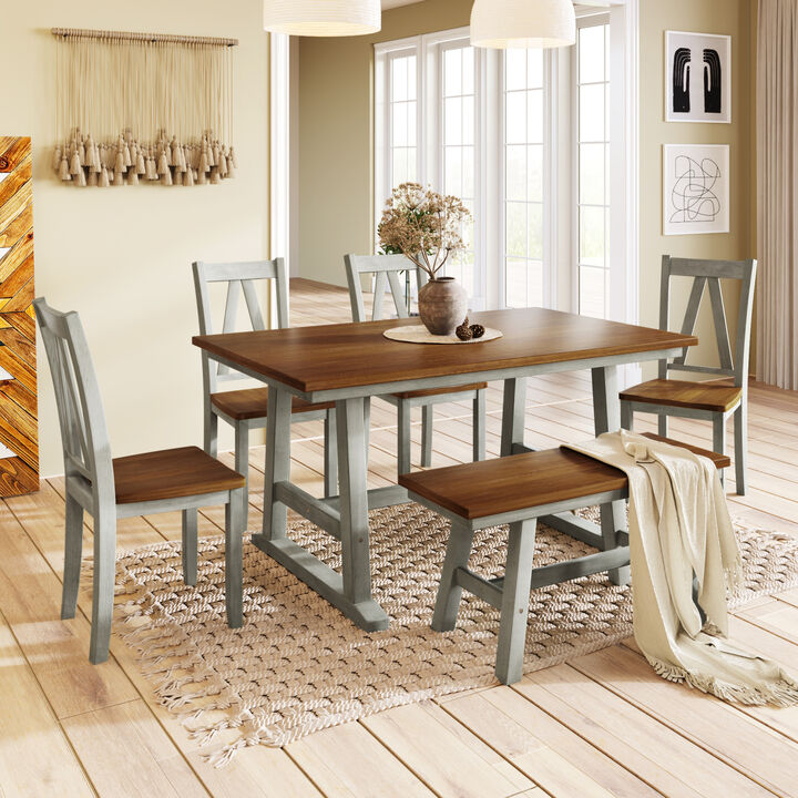 6-Piece Wood Dining Table Set Kitchen Table Set with Long Bench and 4 Dining Chairs