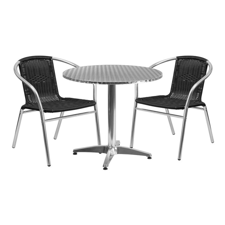 Flash Furniture Lila 31.5'' Round Aluminum Indoor-Outdoor Table Set with 2 Black Rattan Chairs