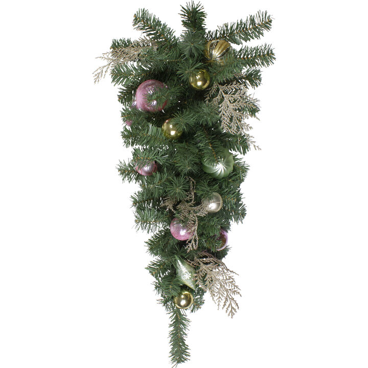 30" Pink and Gold Frosted Artificial Christmas Teardrop Swag - Unlit