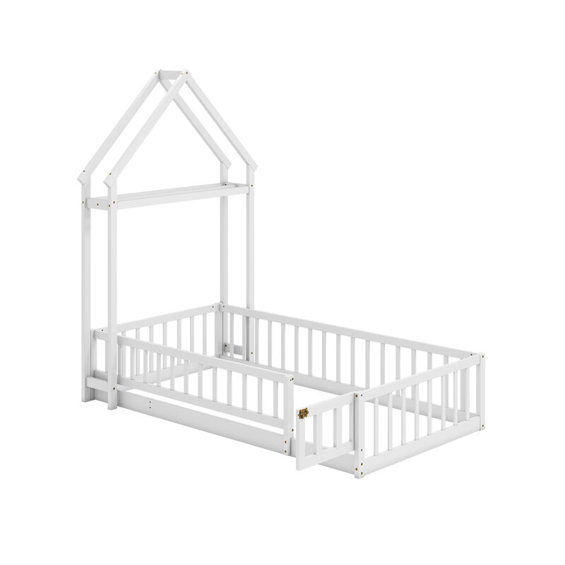 House Floor Bed with House-Shaped Headboard, Fun Kids&rsquo; Bed for Bedroom Decor