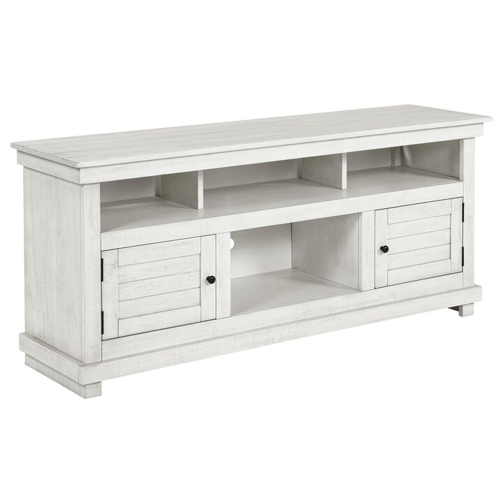 Ayne TV Stand Media Cabinet, 2 Doors and 4 Shelves, White Wood 60 Inch - Benzara