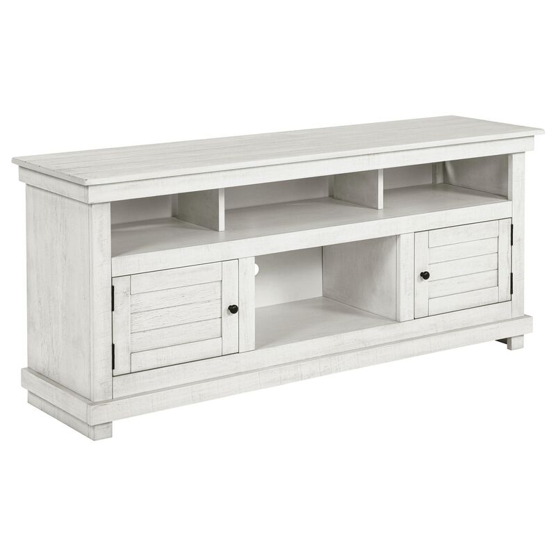 Ayne TV Stand Media Cabinet, 2 Doors and 4 Shelves, White Wood 60 Inch - Benzara