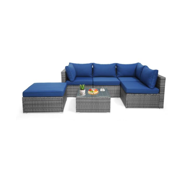 Hivvago 6 Pieces Outdoor Rattan Sofa Set with Seat and Back Cushions-Navy